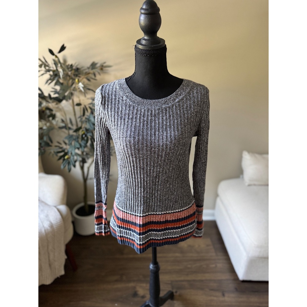 HM Marled Grey Ribbed Knit Sweater Long Sleeve Striped Trim Crew Neck Small